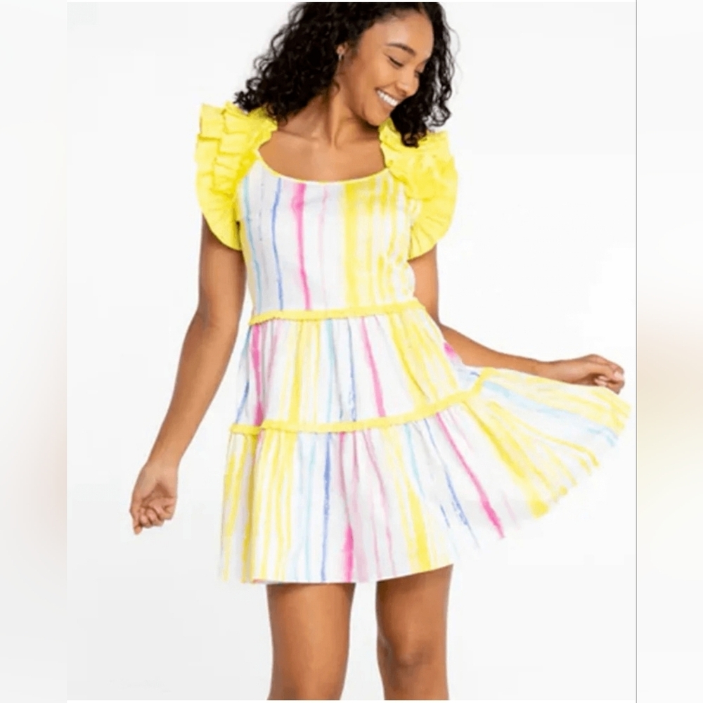 Alden Adair Amora Caribbean Stripe Ruffle Colorful Mini Dress SZ L NWT